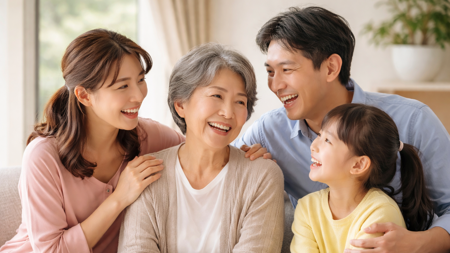 穏やかに笑い合うシニア女性と家族